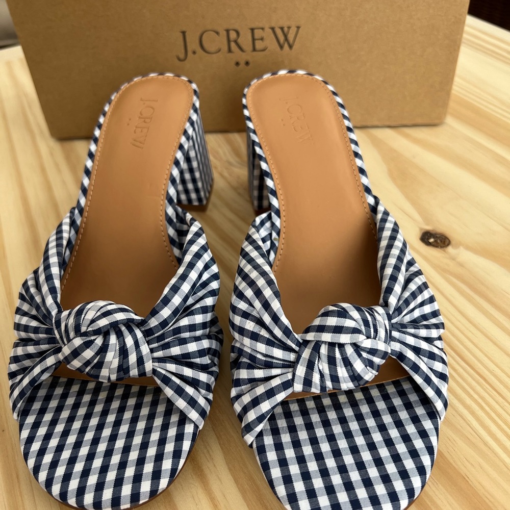 J.Crew Blue and white gingham sandals with low chunk heel.